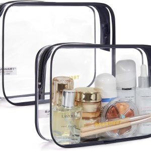 Clear Toiletry Bag, 2 Packs TSA Approved Water resistant Quart Size Travel Organizer, Airport Airline Travel Essential Carry On Makeup Cosmetic Bags for Women, Black